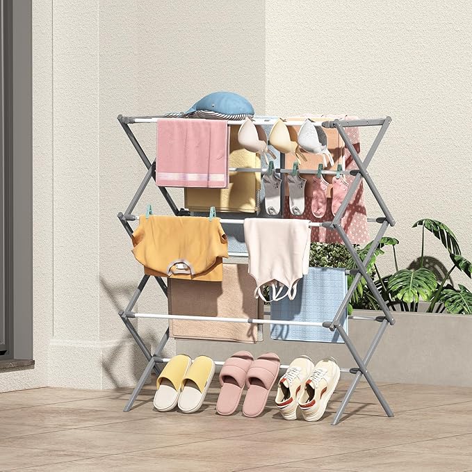 KINGBOARD Clothes Drying Rack, Collapsible Drying Rack Clothing with 11 Poles, 3-Tier Laundry Drying Rack, Small Clothes Drying Rack Foldable for Baby Clothes, 25lb Capacity, White & Grey