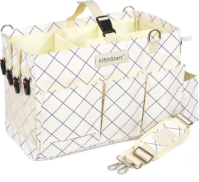Cleaning Caddy for Cleaning Supplies - Large Cleaning Bag Organizer Tote with Shoulder Strap, Mesh Base & Adjustable Dividers - Heavy Duty Cleaning Bags for Housekeepers (Blue Check, Large)