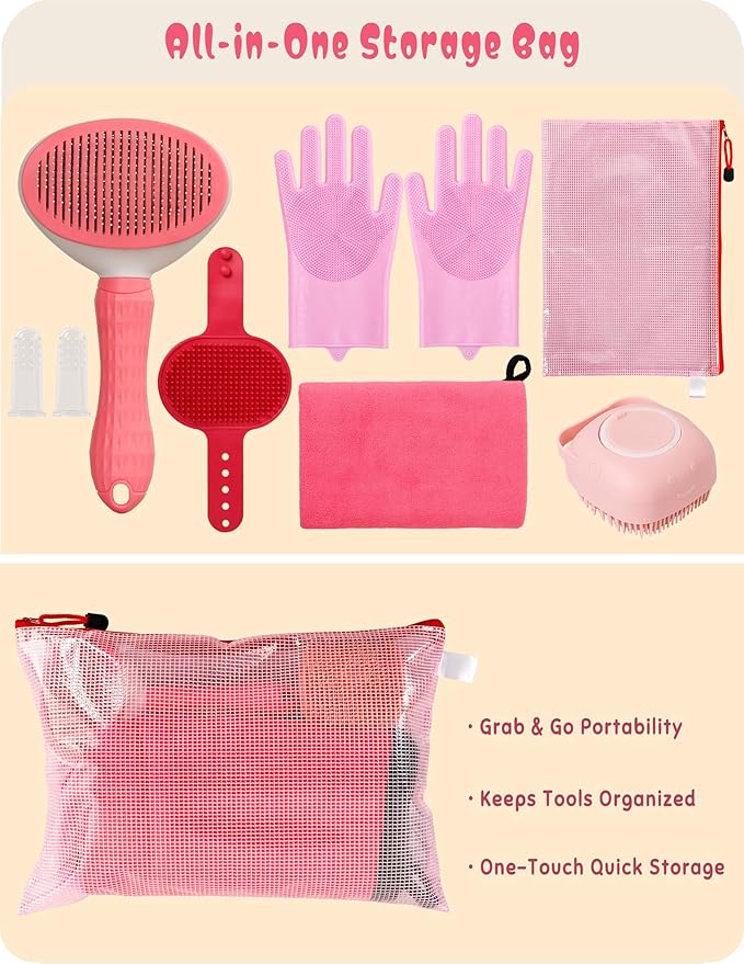 Pet Grooming Set, Dog Bathing Supplies, Bathing Glove, Towels, and Shampoo Brush, Finger-Sleeve Toothbrush for Dogs and Cats, Including a Comb Set, Suitable for Small Dogs and Cats 9-Piece (Pink)