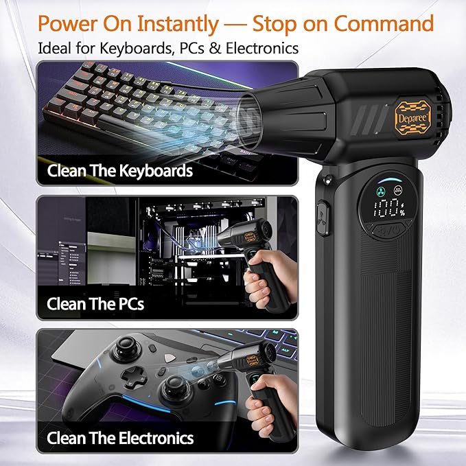 Compressed Air Duster,150000RPM Powerful Brushless Motor Electric Air Duster, Infinite Speed & Fast Charging, rechargeable Cordless Air Blower with Vacuum Function for PC Keyboard, Car & Home – Black