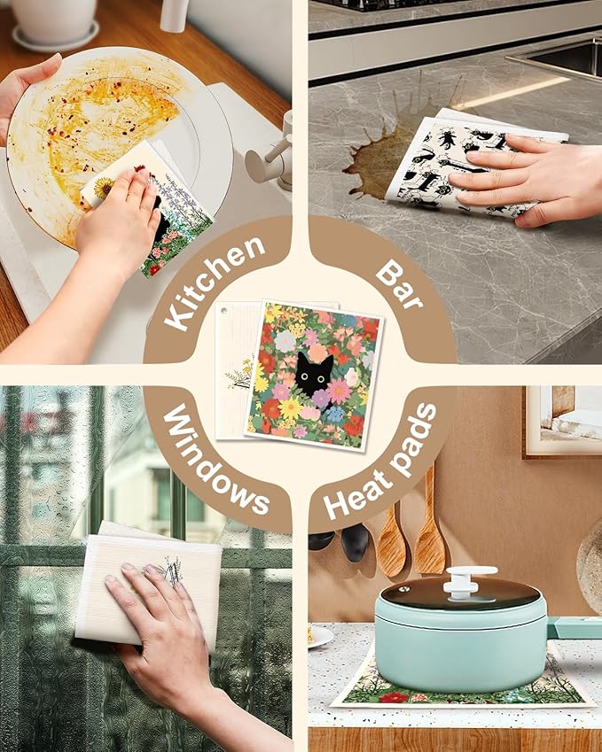 Miss Adola Swedish Dishcloths for Kitchen with Hooks - Reusable Dish Cloths for Washing Dishes Fast Drying Cute Fun 5 Pack Swedish Dish Towels Washable Cleaning Sponge, Black Cats
