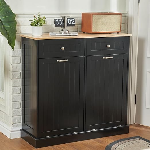 AHB Double Tilt Out Trash Can Cabinet Hidden Kitchen Trash Can, 2x13 Gallons Freestanding Recycling Cabinet with Hideaway Drawers Pet Proof Trash Can for Kitchen Living Room, Black