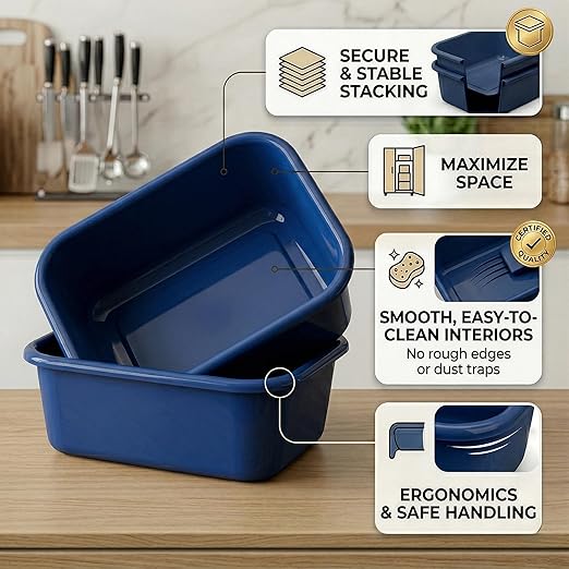DecorRack 2 Plastic Wash Basins, Large 10 Quart Graduated Bucket, Portable Washbasin for Washing, Cleaning, Foot Bath, Dishes, Face Cleansing Bowl, Blue (2 Pack)