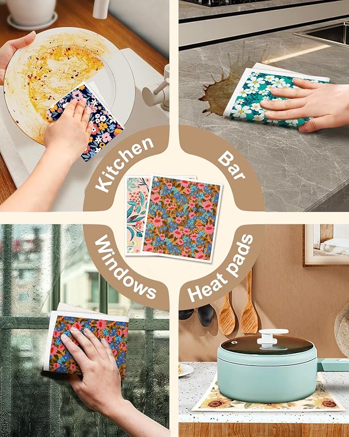 Miss Adola Swedish Dishcloths for Kitchen with Hooks - Reusable Dish Cloths for Washing Dishes Fast Drying Cute Fun 5 Pack Swedish Dish Towels Washable Cleaning Sponge, Color Floral Cluster