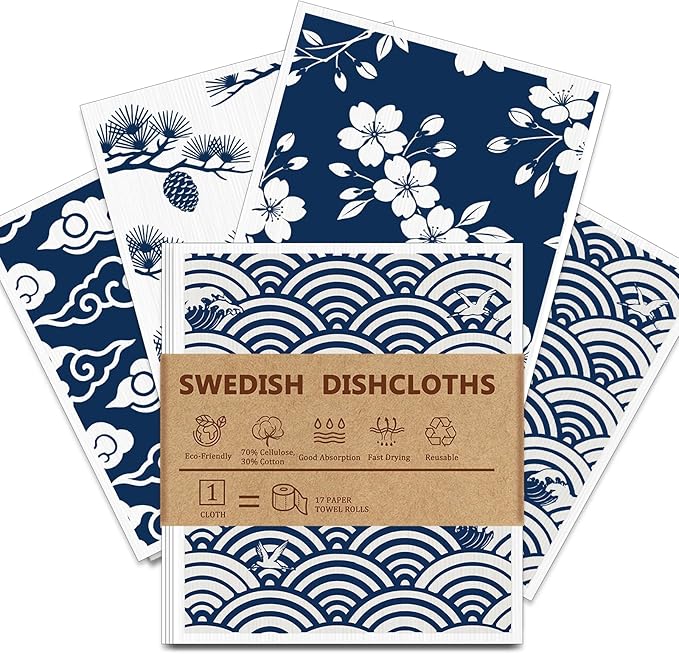 4 PCS Swedish Dishcloths, Japanese Pattern Reusable Kitchen Dish Cloths, Super Absorbent Cellulose Sponge Cloths, Odor Resistant, Dishwasher Safe & Multi-Purpose Cleaning Cloths