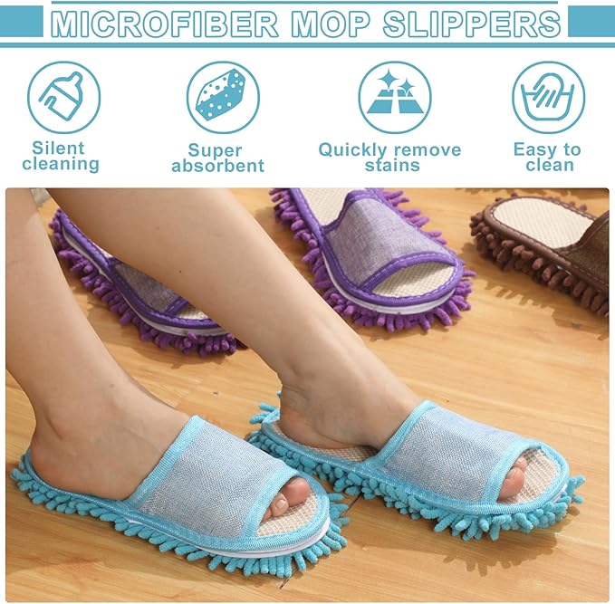 Wesiti 4 Pairs Washable Mop Slippers Microfiber Funny Mop Shoes Floor Cleaning Slippers for Women Home Floor(Simple,Brown, Blue, Purple, Beige)