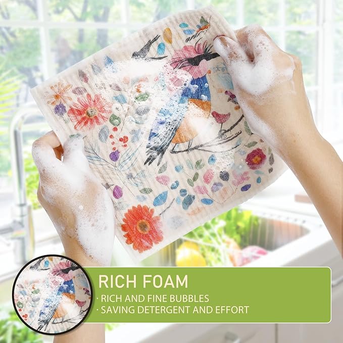 Swedish Dishcloths for Kitchen Reusable 6 Pack Kitchen Towels No Odor Quick-Drying Reusable Paper Towels Reusable Paper Towels Washable for Countertop Sink Kitchen Flower Bird