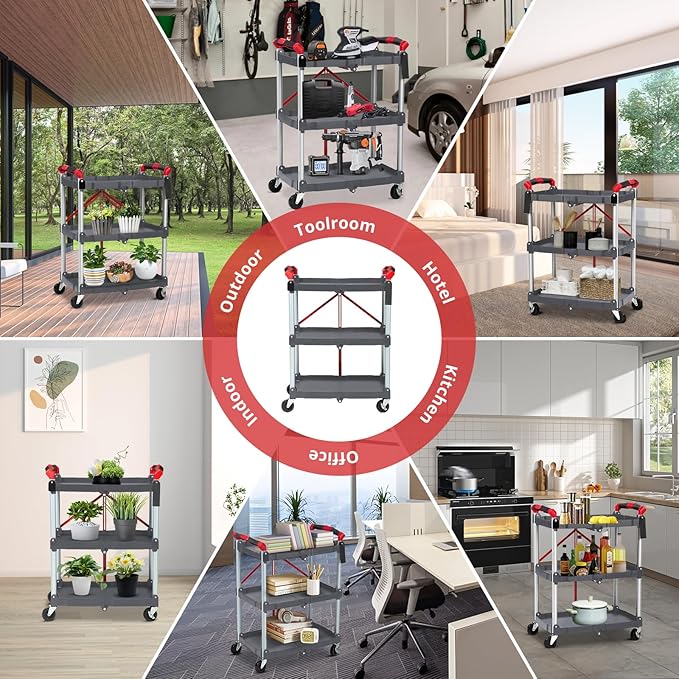 Towallmark Portable Folding Service Cart, 3 Tier Folding Utility Cart, Collapsible Utility Carts for Office, Warehouse, and Home, 56 Lbs Load Capacity per Shelf (Grey & Red)
