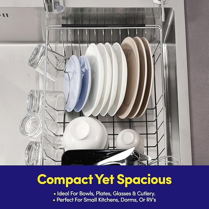 Dish Drying Rack Over The Sink Expandable to 24.5" Dish Drainer β Space-Saving Rectangular Kitchen Extending Drying Station with Utensil Holder, Fits Most Sinks for Easy Dish Organization, Black