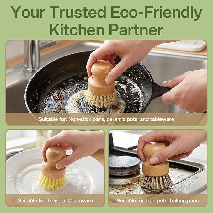 Wooden Dish Brush with Metal Stand Handheld Bamboo Wok Brush Scrubber for Dishes Pans Pots Fruit and Veggie Washing(3,Beige Brown Yellow)