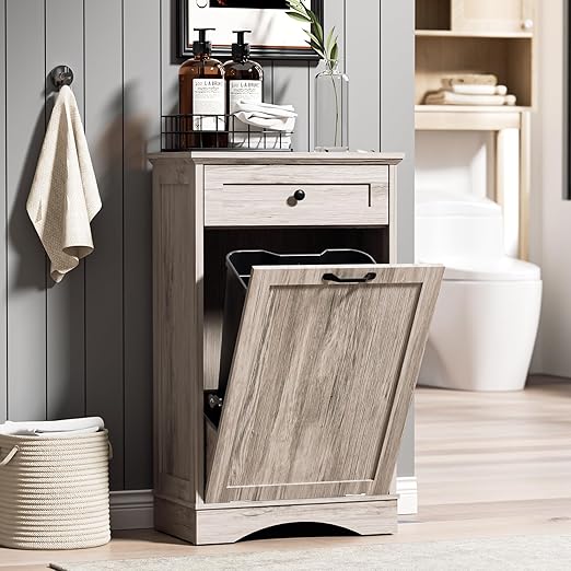 AHB 13 Gallons Tilt Out Trash Cabinet Hidden Trash Can Cabinet Freestanding Garbage Recycling Cabinet with Hideaway Drawer Pet Proof Trash Bin for Kitchen Living Room, Grey