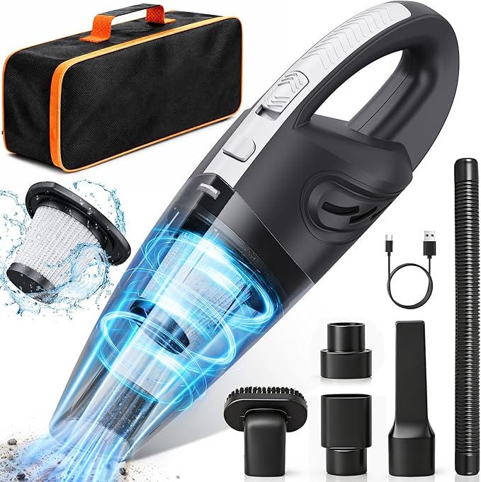 Handheld Cordless Car Vacuum Cleaner, 15000PA Powerful Suction Hand Held Cleaner Rechargeable, Portable Hand Vacuum with Multi-Nozzle, Washable Filter & Storage Case for Home, Office, Car, Pets