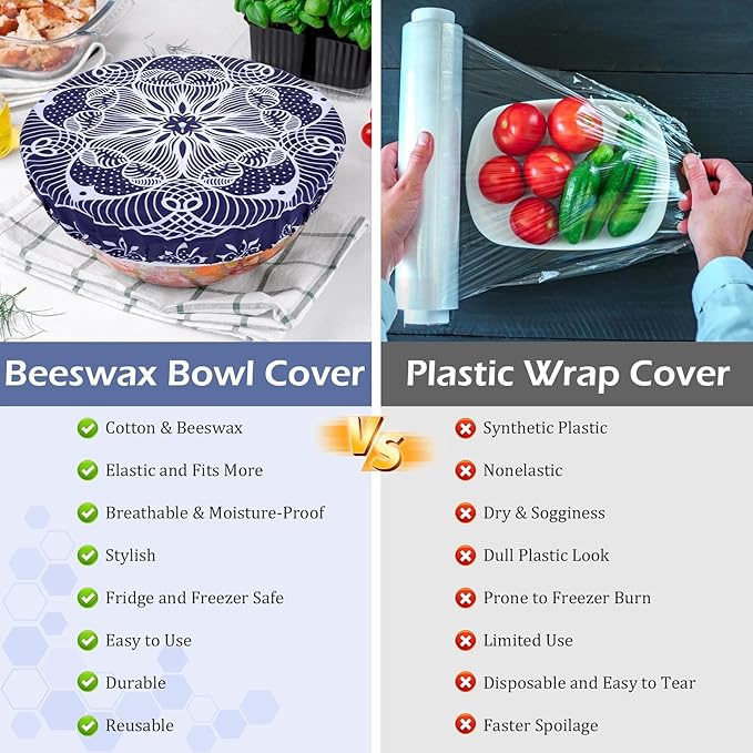 2 Large Reusable Beeswax Bowl Covers for Bread Proofing, 10/12 Inch Elastic Beeswax Wraps Cotton Cloth Sourdough Bowl Covers for Proofing Baskets, Mixer Bowls, Food Storage Containers