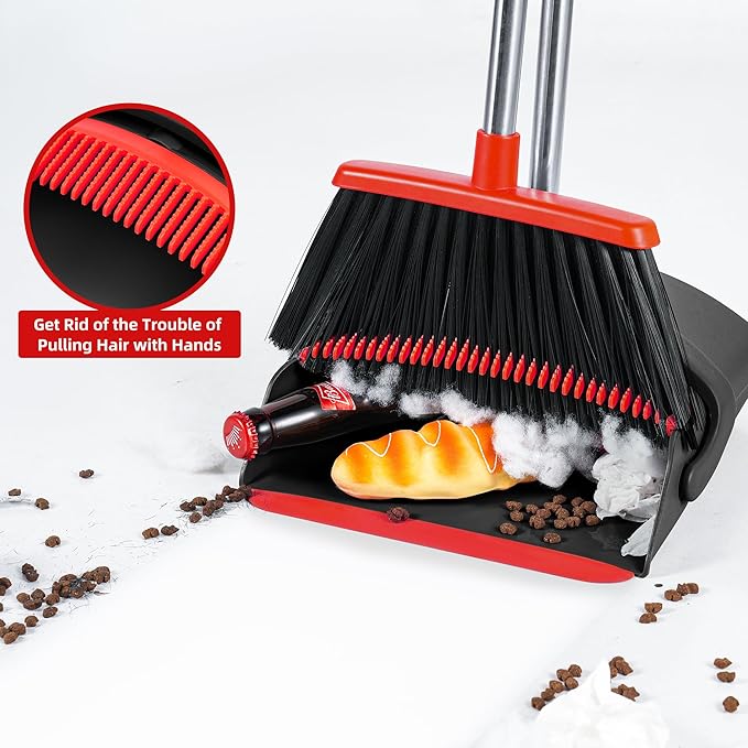 Broom with Dustpan Combo Set for Home 52-in Long Adjustable Handle Angle Broom and Dustpan Set with Dustpan Comb Teeth for Sweeping Pet Hair Food Dirt Kitchen (Black) (Black)