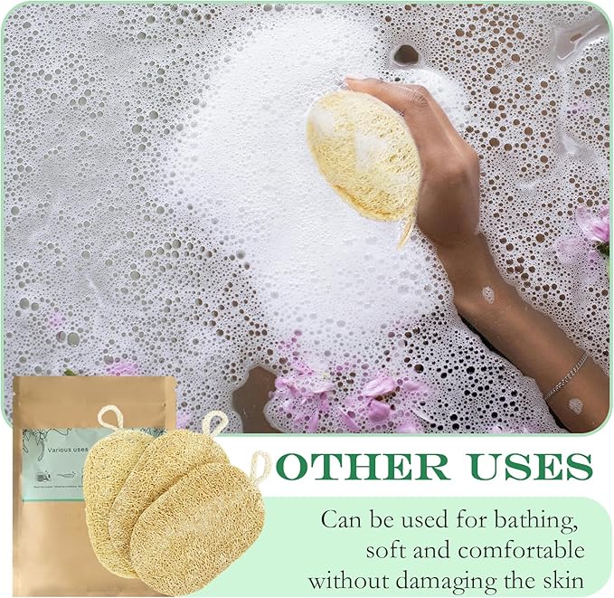 Natural Loofah Dish Sponge, Natural Kitchen Biodegradable Compostable Cellulose Loofah Scrub Sponge, Dual Sided Reusable Non Scratch Cleaning Sponge for Cleaning Kitchen, Bathroom, Household, 3 Pcs