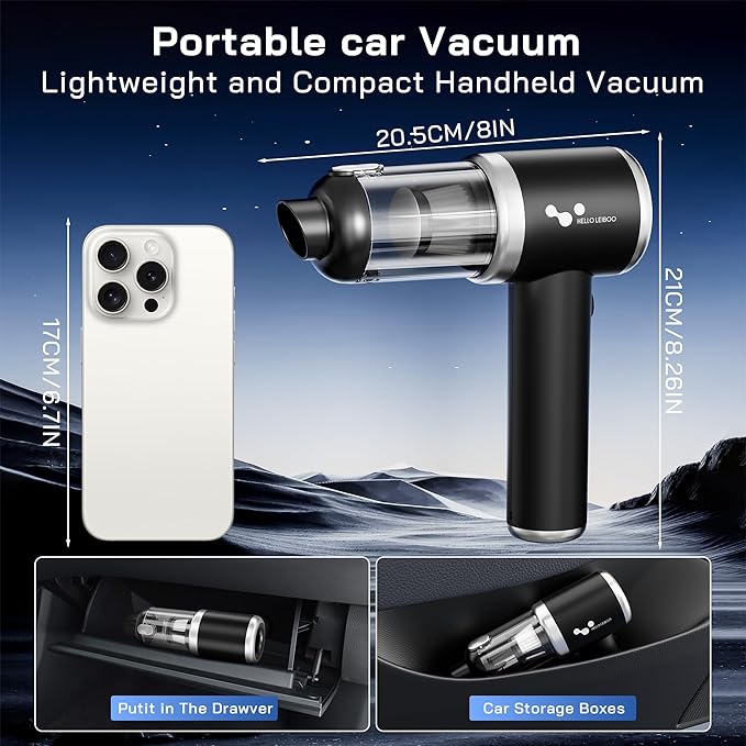 helloleiboo Handheld Car Vacuum Cleaner 16000PA Car Vacuum Portable Cordless 120W High Power 4-in-1 Mini Vacuum Cleaner Rechargeable & Air Duster Multi-Nozzles for Home Office Pet(Black)