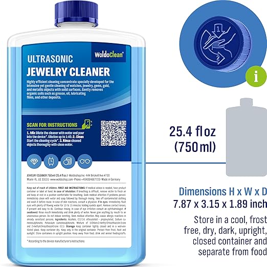 WoldoClean Ultrasonic Jewelry Cleaner Solution - 25.4 Fl Oz Concentrate Makes 8 Gallons for Gold, Silver, Platinum, Diamond Ring, Watch, Chain, Earring and Necklace