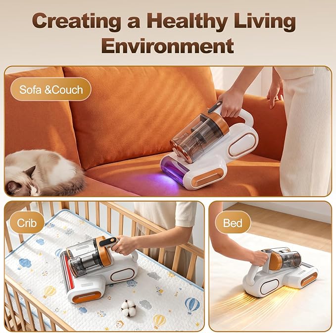 Mattress Vacuum Cleaner, Cordless Bed Vacuum with 16KPa Suction (White & Gold)