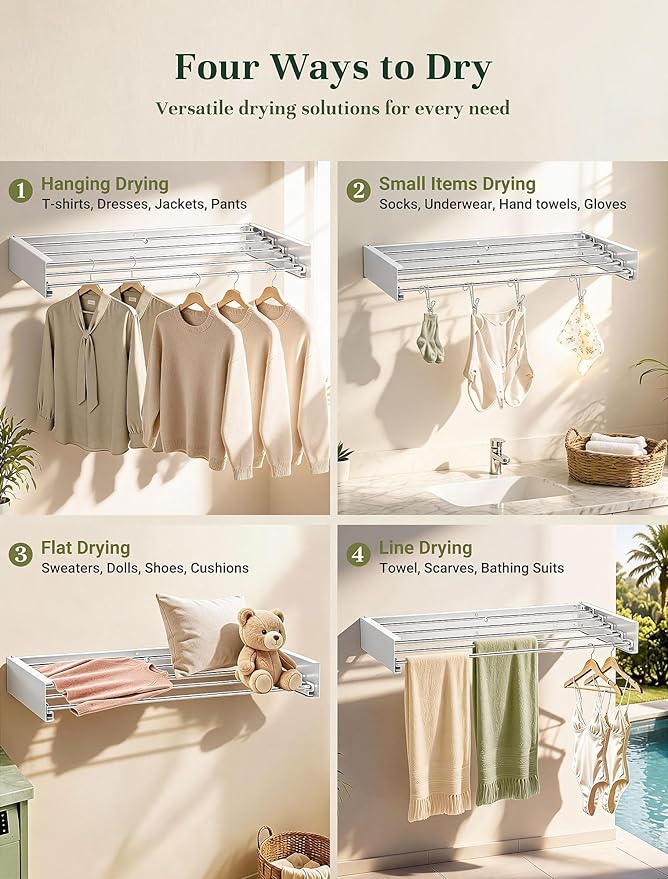32'' Wall Mounted Clothes Drying Rack, Foldable & Collapsible Wall Mount Laundry Rack w/ 5 Thickened Rods & 4 Hooks, Space Saver Hanging Drying Rack Clothing for Laundry Room Bathroom Indoor