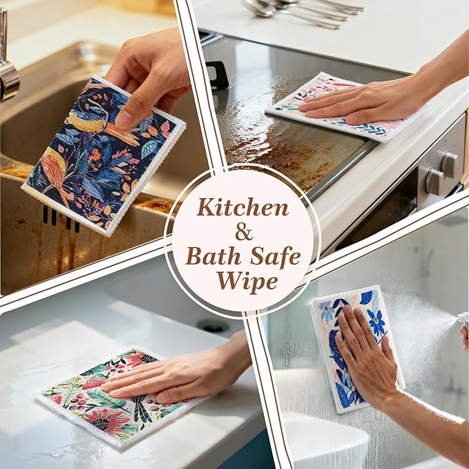 SEIBER Swedish Dishcloths for Kitchen - 10 Pack Washable & Reusable Dish Rags,Super Absorbent Reusable Towels Washable, Non-Scratch Cellulose Sponge Cloths,Quick Drying, Dishwasher Safe (Bird Flower)