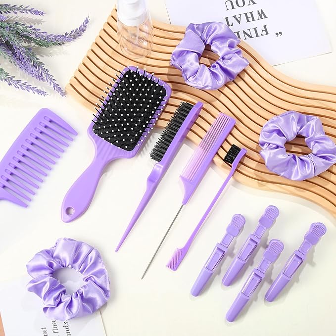 15 Pcs Slick Back Hair Brush Set, Bristle Comb with Spray Bottle,Hair Clip,Edge Brush for Women, Men (Purple)