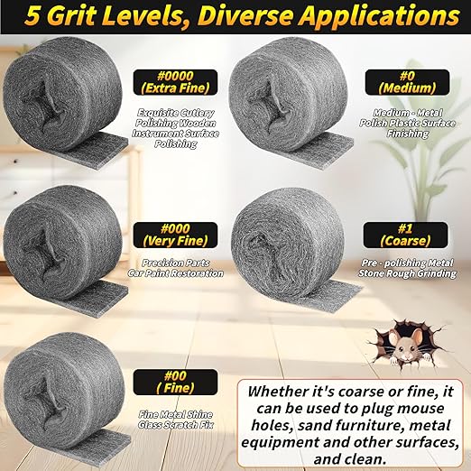Steel Wool Mice Control, 6 Pack 3.2" x60 FT #0 Steel Wool & 1 Pack 5" x30 FT Wire Mesh, Medium Stainless Steel Wool Keep Mouse Away from Hole,Barrier and Gap Filler for Home Garden Kitchen Pipeline