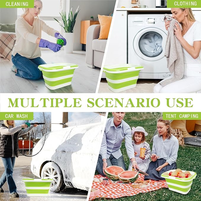 Large Collapsible Bucket for Cleaning, 4.2 Gallon (16L) Silicone Bucket with Handle & Hanging Hole, Foldable Space-Saving Mop Bucket for Home, Storage. Car Wash, Camping, Beach (Green White)