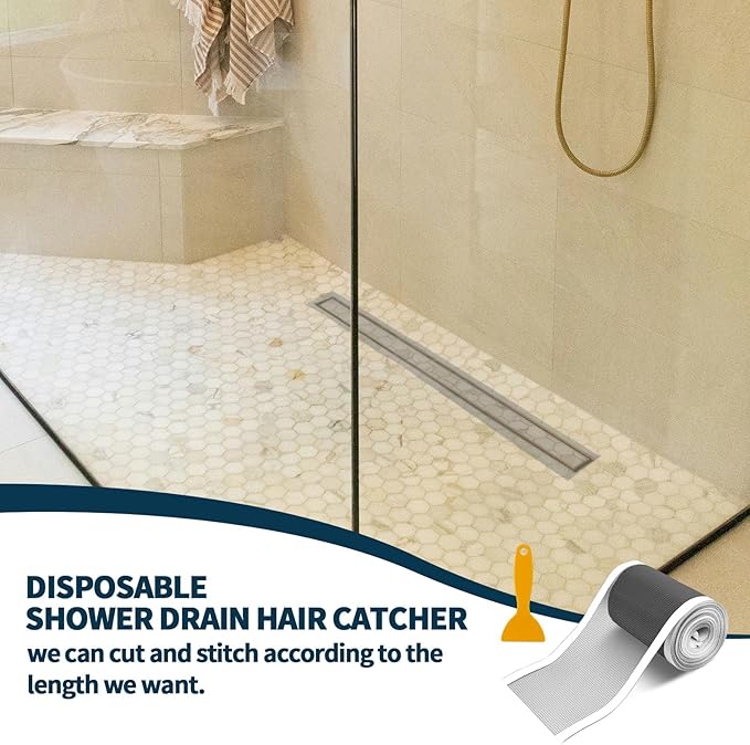 4.7 Inch x 33 FT Disposable Shower Drain Screen Self-Adhesive Stickers, with Cleaning Shovel, Showers Drain Hair Catcher, Shower Drain Mesh Stickers for Bathroom Kitchen Sink
