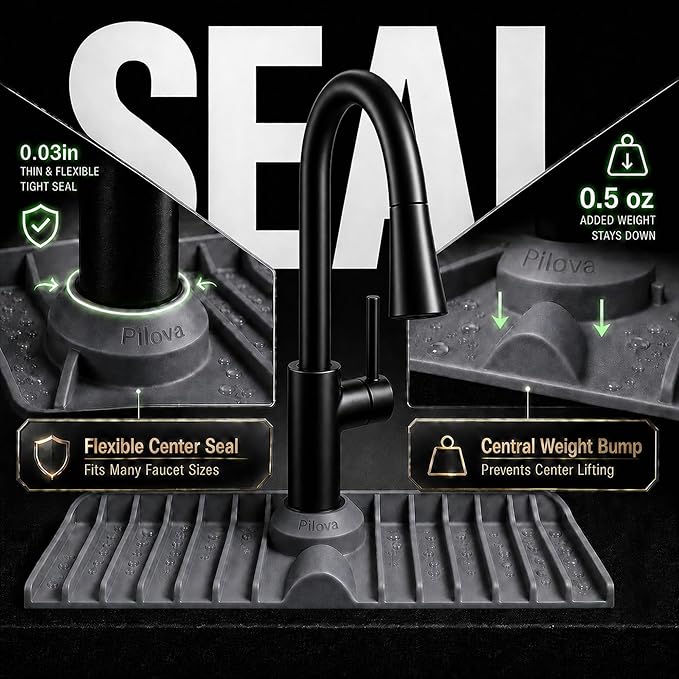 Premium Kitchen Sink Splash Guard ā 16" x 5.7" Silicone Faucet Mat with Secure Pressure Clip, True 10° 3D Drainage(No Pooling), Anti-Lift Design, Flexible Leak-Sealing Ring, Non-Slip Fit Behind Faucet
