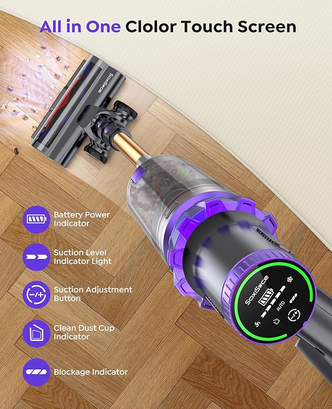 Cordless Vacuum Cleaner, 600W 50KPA 70Min Vacuum Cordless Stick Vacuum Cleaner with Self-Standing and Touch Screen, Anti-tangle Wireless Vacuum, Vacuum Cleaners for Home/Pet Hair/Carpets/Floors