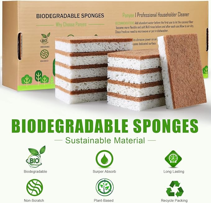 PANYEE Biodegradable Natural Kitchen Sponge,Eco Friendly Sponges for Dishes,Compostable Cellulose Sponge with Natural Plant Based Coconut Walnut Sustainable Scrubber Pack of 12