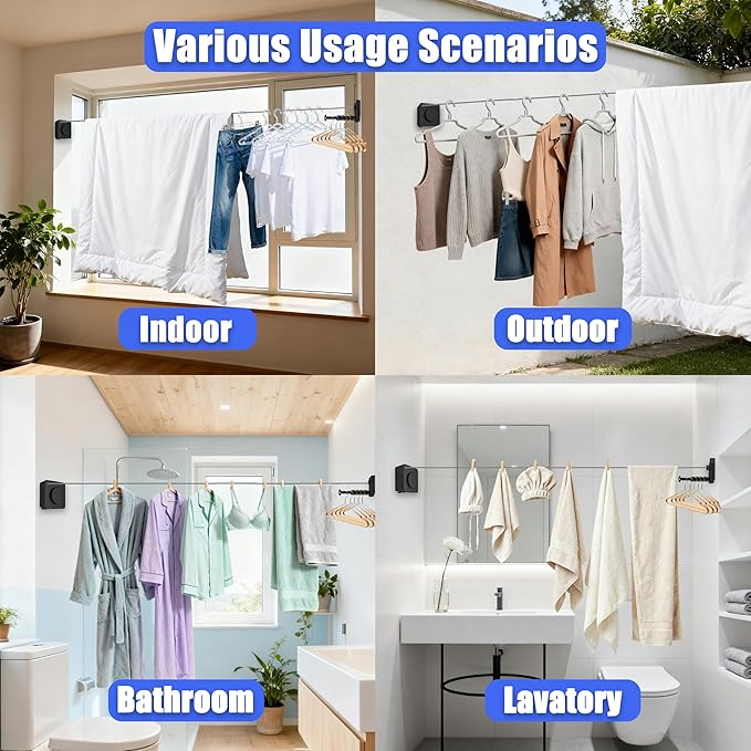 Retractable Clothesline Indoor & Outdoor, 17.4 Ft Non-Sagging Laundry Washing Line with Wall Mounted Heavy Duty, Space-Saving Clothing Drying Rack with Telescoping Hanger (1, Upgraded Black)