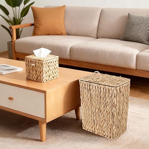 BSSN Boho Wicker Trash Can with Lid and Tissue Box Holder, Water Hyacinth Bathroom Small Waste Basket, Rattan Garbage Wastebasket with Lid for Bedroom,Toilet