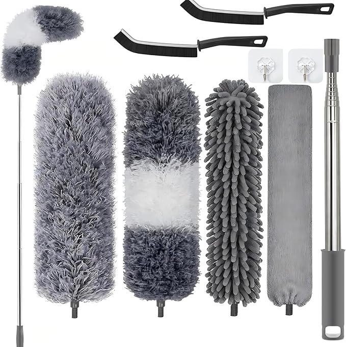 Professional Microfibre Dusters for Cleaning | Duster with Extension 100" | Cobweb Remover Duster Kit with 4 Washable Heads | Bendable Feather Duster for High Ceilings,Fans & Hard to Reach Area | 9PCS