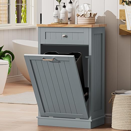 AHB 13 Gallons Tilt Out Trash Cabinet, Hidden Trash Can Cabinet Kitchen Wooden Tilt Out Pet Proof Hidden Trash Bin for Kitchen Living Room, Blue
