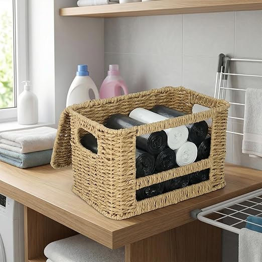 Paper Rope Trash Bag Holder Dispenser – Rustic Kitchen Cabinet Organizer Box with Lid for Garbage Bags, Grocery Bags & Pantry Supplies, Multi-Purpose Storage for Home