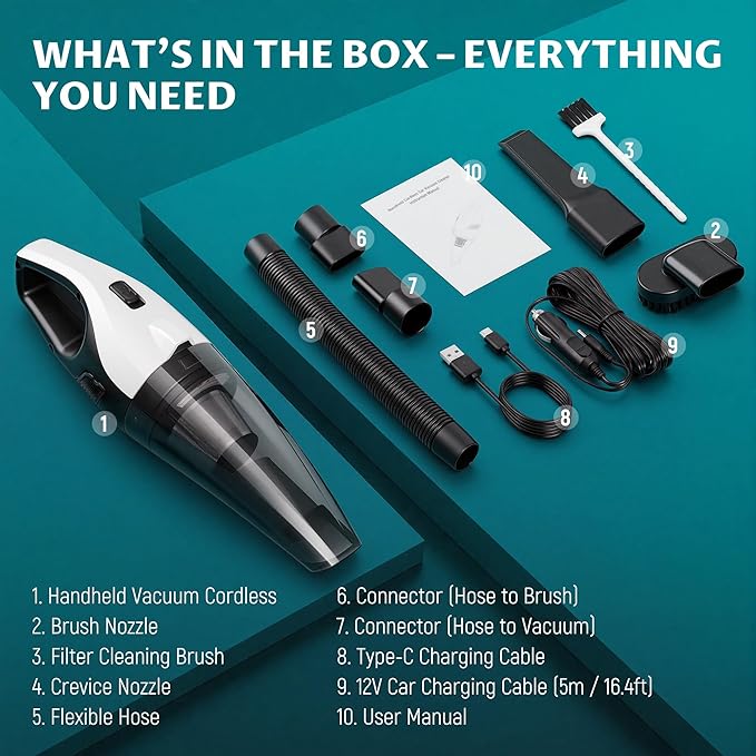 Handheld Vacuum Cordless, 6000Pa Strong Suction for Car Seats & Pet Hair, with USB and 5 m Car Charger, Portable with LED Light for Home Office, Lightweight