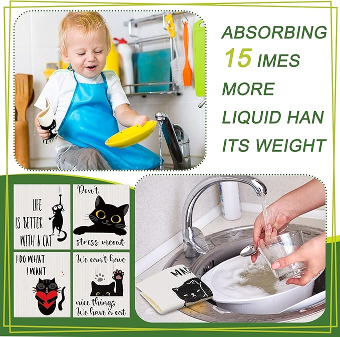 Funtery 8 Pcs Black Cat Swedish Kitchen Dishcloths Reusable Swedish Absorbent Sponge Cloths Washable Kitchen Dish Towel Quick Drying Decorative for Animal Lover Gifts for Women Hand Towel