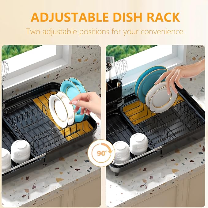 Expandable Dish Drying Rack,Dish Rack for Kitchen Counter-Dish Drainer with Efficient Drainage, Drainboard Set, and Utensil Holder, Over the Sink Dish Drainer Drying Rack