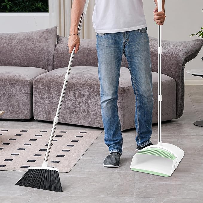 BSKLIN Broom and Dustpan Set, Broom with Dustpan Combo Set with Teeth to Clean Pet Hair 52-in Long Adjustable Handle Broom for Home Office Kitchen Lobb (Green)