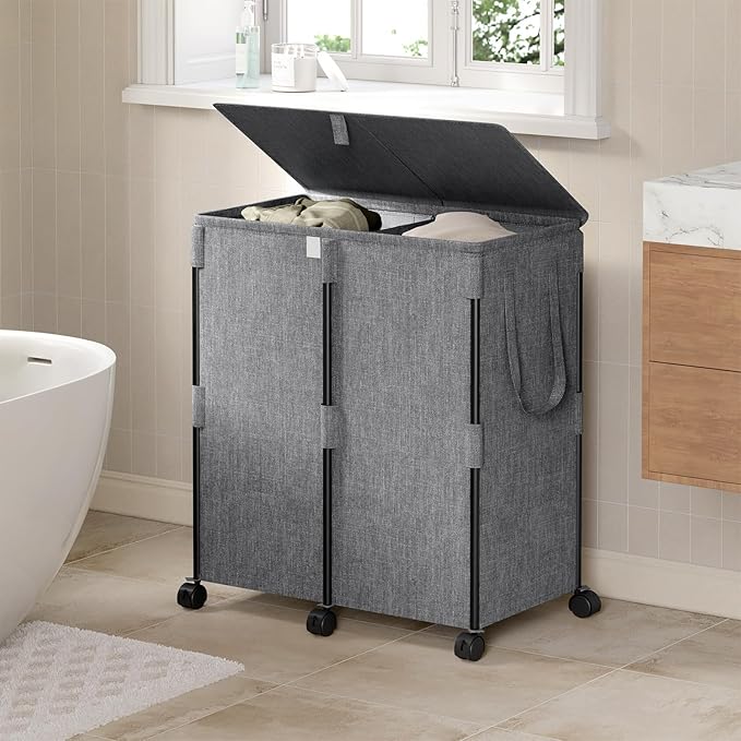 140L Double Laundry Hamper with Lid and 6 Wheels, Rolling Laundry Basket with 2 Removable Bags, Heavy Duty Metal Frame Clothes Cart, 2-Section Laundry Sorter for Bedroom, Bathroom (Grey)