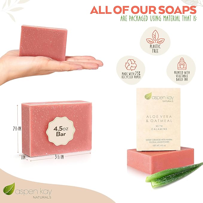 Aloe Vera & Oatmeal Soap Bar with Calamine, Natural & Organic Ingredients - Organic Aloe Vera & Colloidal Oats. Face & Body - for Men, Women & Teens. Gentle Body Wash. 4.5 oz Bar (Pack of 6)