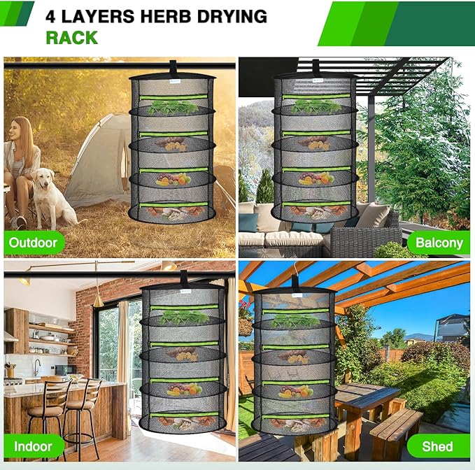 Yesker 4 Layer Herb Drying Rack Hanging Mesh Net Foldable Plant Drying Racks 24" w Green Zipper Pruning Shears Hook Dryer Hanging Rack for Herbs Seed Bud Fruit Clothes Grow Tent Closets Garden Outdoor