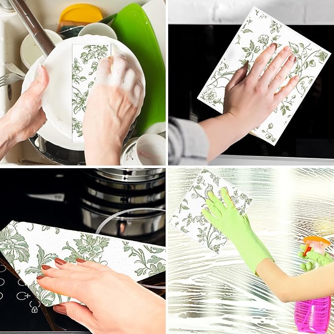 Swedish Dishcloths for Kitchen, 6PCS Sage Green Floral Birds Cellulose Sponge Reusable Paper Towels Washable, Greenery Absorbent Fast Drying Swedish Dish Cloth for Home Cleaning