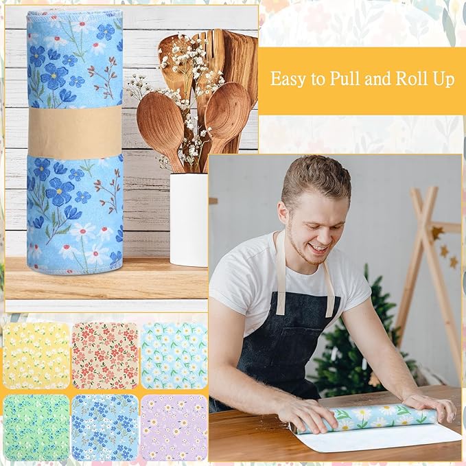 Tiamon 24 Pcs Reusable Paper Towels Roll Flower Kitchen Towels Absorbent Washable Cotton Cloth Dishtowels Paperless Wildflower Hand Dishcloths for Spring Home Kitchen Bathroom Cleaning Housewarming
