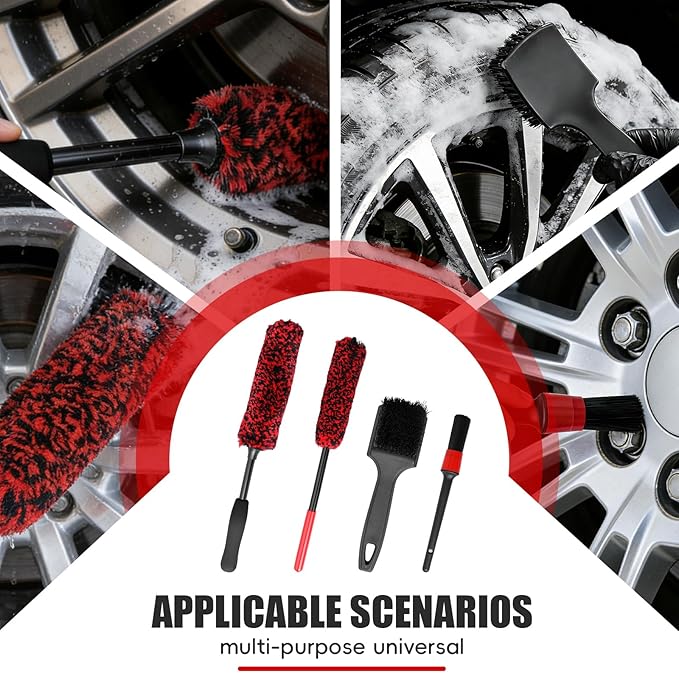 4PCS Wheel Brush Kit for Cleaning Wheels and Tires, Wheel Cleaner Brush, Detail Brush, Heavy-Duty Stiff-Bristle Brush, Tire Cleaning Brush Suitable for Trucks, Cars, RVs