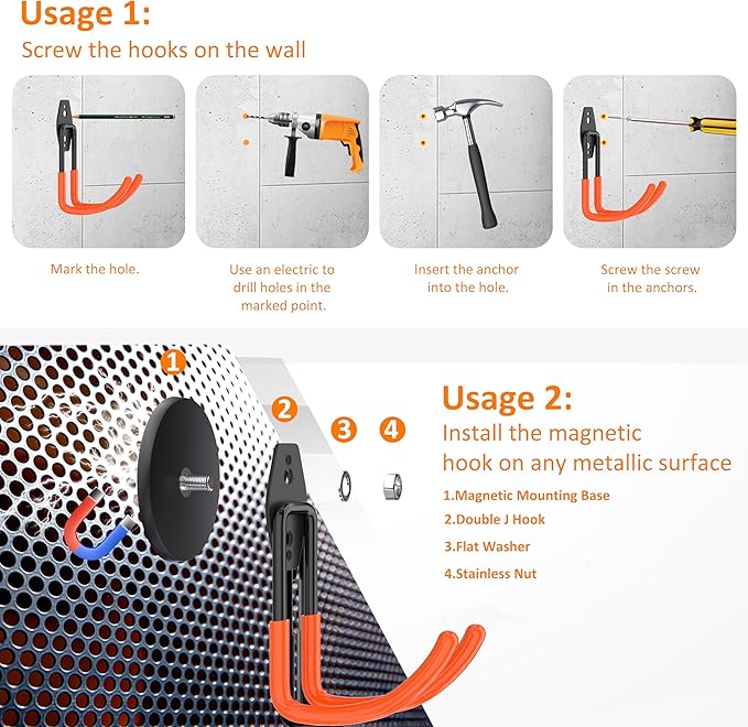 ENUODA Magnetic Hooks Heavy Duty Magnet with Hooks, Large Magnetic Tool Holder for Garage Organization Tool Chest, Shed, Container, Ladder, Broom, Shovel, Hose, Extension Cord, 2PCS