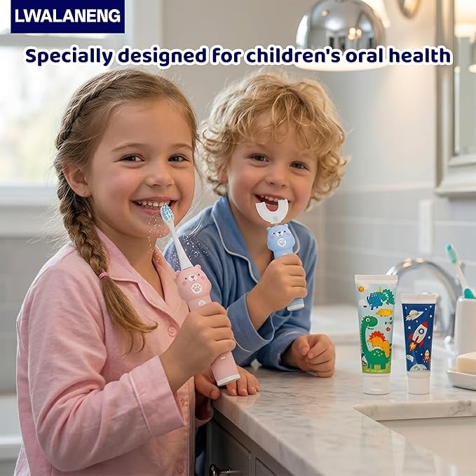 Kids Electric Toothbrush, with 4 Cleaning Modes, with 4 Brush Heads, Toddler U Shaped Toothbrush with 2 Soft Brush Head,Cartoon Bear 360-Degree Cleaning IPX7 Waterproof Design (Ages 2-16)