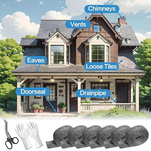 Steel Wool for Mice Control, 98.4ft Steel Wool 000 Garage Door Rodent Guard 1.97" x 98.4ft Rodent Control Fill Fabric Stainless Steel Wool for Wall Cracks, Holes, Vents in Garden/Garage/House