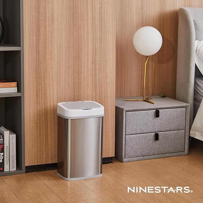 Ninestars NPT-15-1WH Automatic Touchless Motion Sensor Diaper Disposal Trash Can with lid, 4 gallon/15 L, White, Plastic